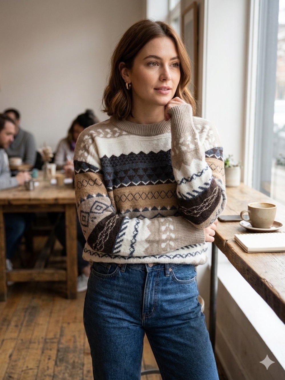 Vintage Style Grandpa Core Cozy Fair Isle Crewneck Sweater Brown Size Small